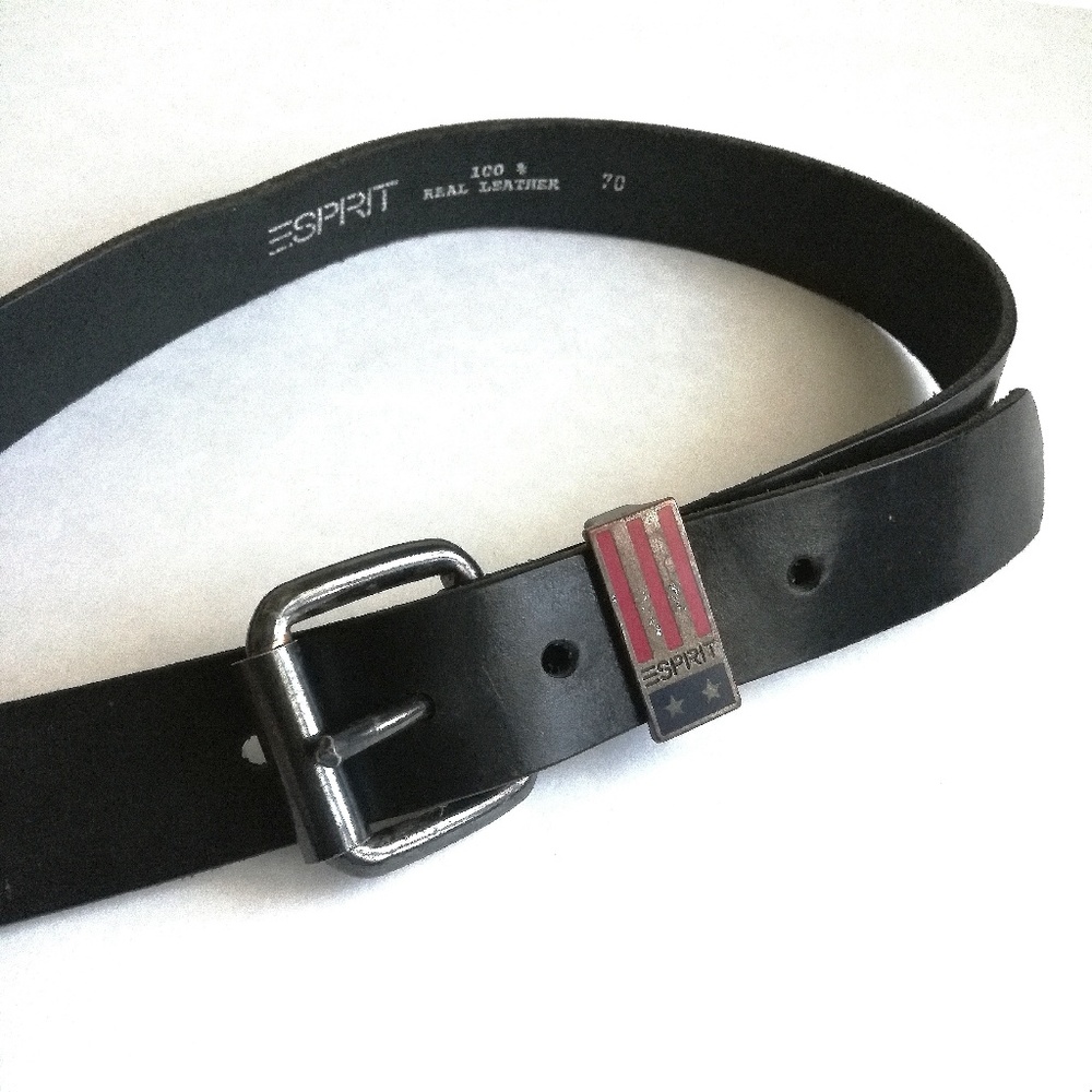 Esprit Vintage 80s Black Leather Belt With Metal Flag Loop